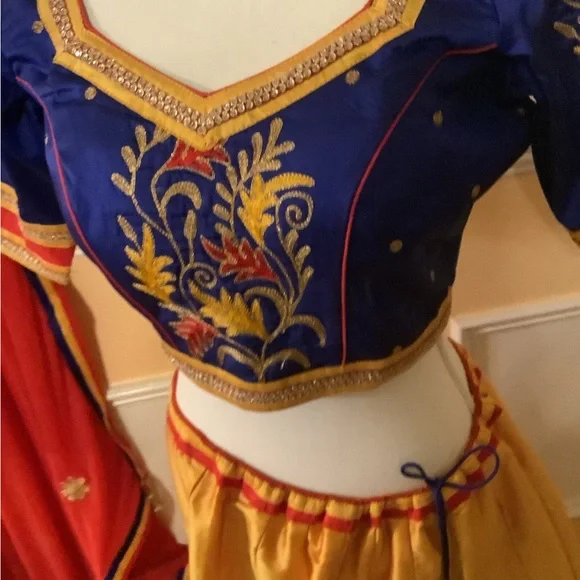 Vibrant Blue and Yellow Embroidered Lehenga Choli - Picture 11 of 12